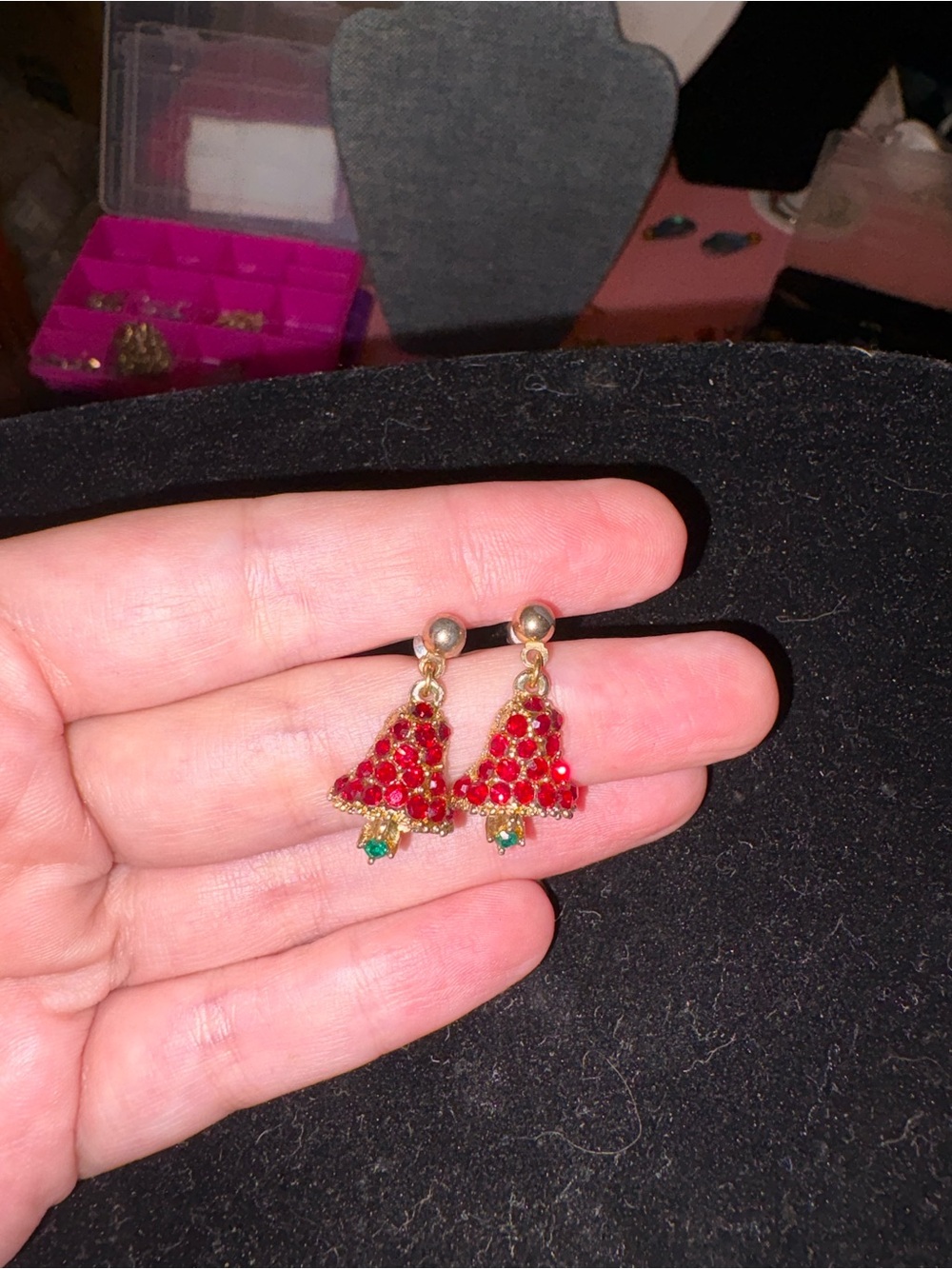 Vintage Gold Red Crystal Bell Earrings with Green Accent